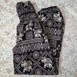 Boho Pants Medium Black White Elephants Harem Hippie